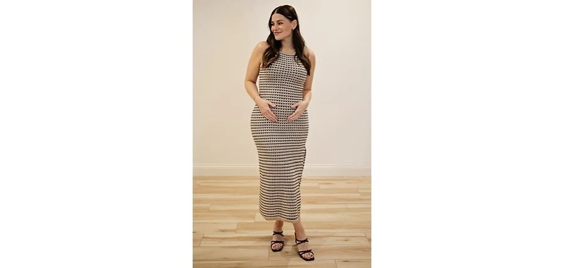 Pinkblush Maternity Beige Striped Knit Fitted Sleeveless Maxi Dress