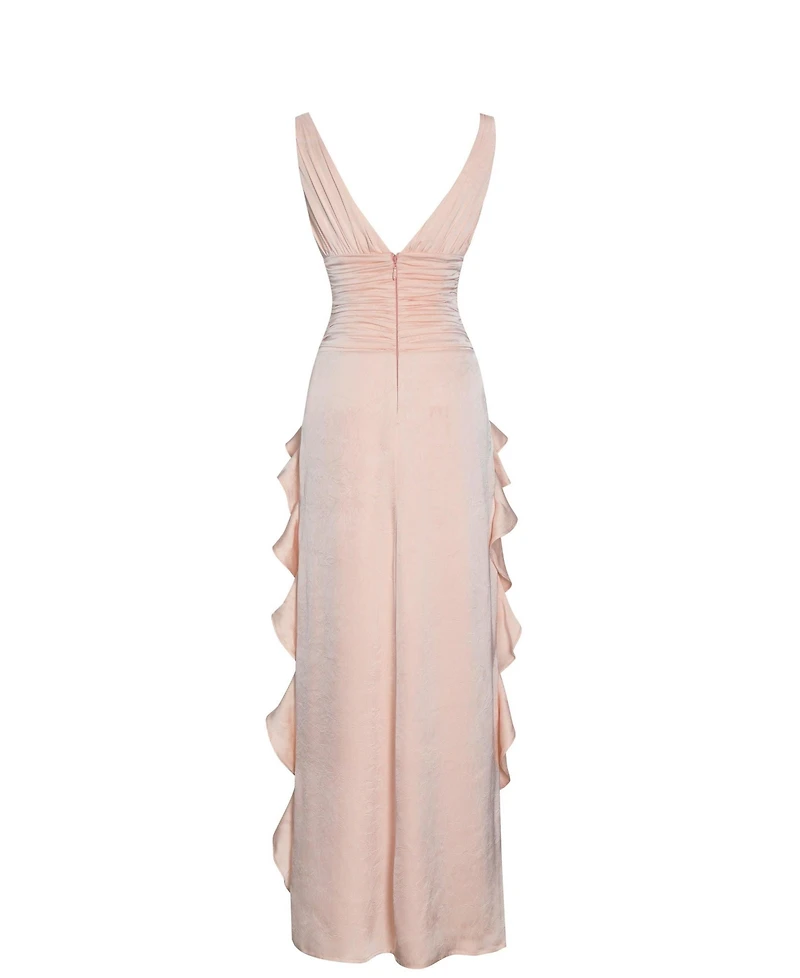 Miss Circle Women Talyssa Baby Pink Ruched Waist Double High Slit Maxi Gown