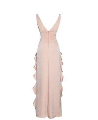 Miss Circle Women Talyssa Baby Pink Ruched Waist Double High Slit Maxi Gown