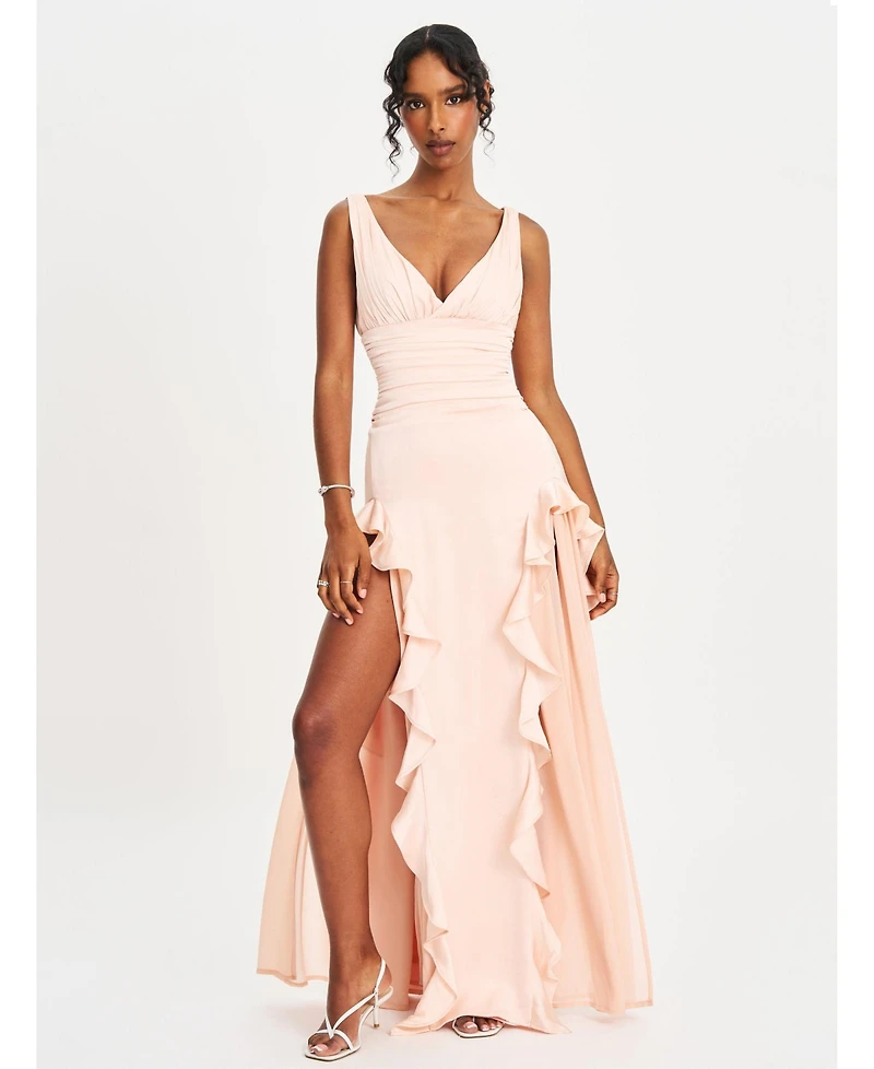 Miss Circle Women Talyssa Baby Pink Ruched Waist Double High Slit Maxi Gown