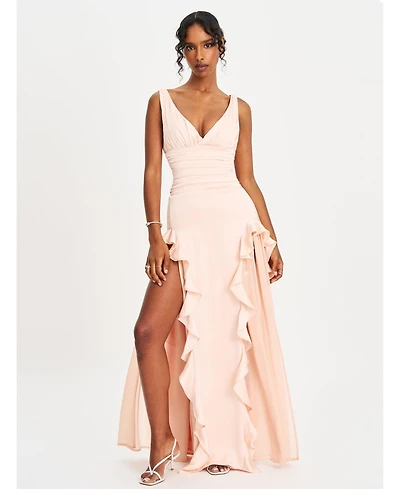 Miss Circle Women Talyssa Baby Pink Ruched Waist Double High Slit Maxi Gown