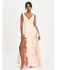 Miss Circle Women Talyssa Baby Pink Ruched Waist Double High Slit Maxi Gown