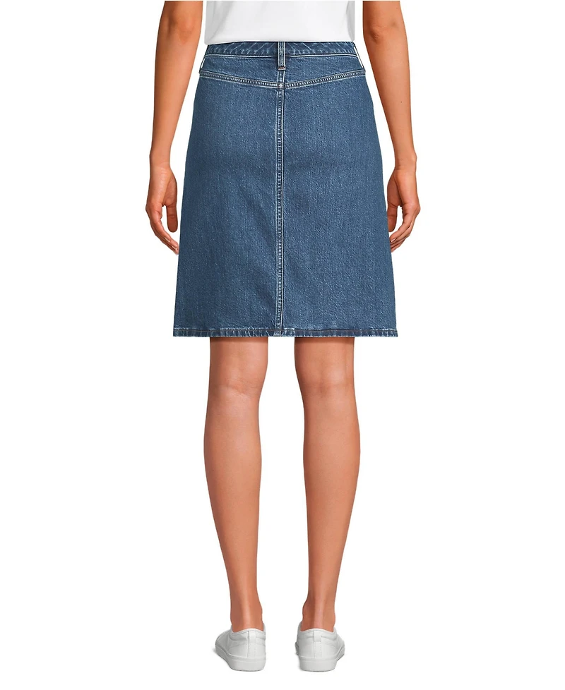 Lands' End Women's Soft Denim Mid Rise Button Through Above the Knee Skirt