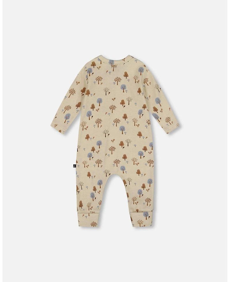 Deux par Deux Baby Boy Cotton Zipped Romper Beige Tree Print - Baby