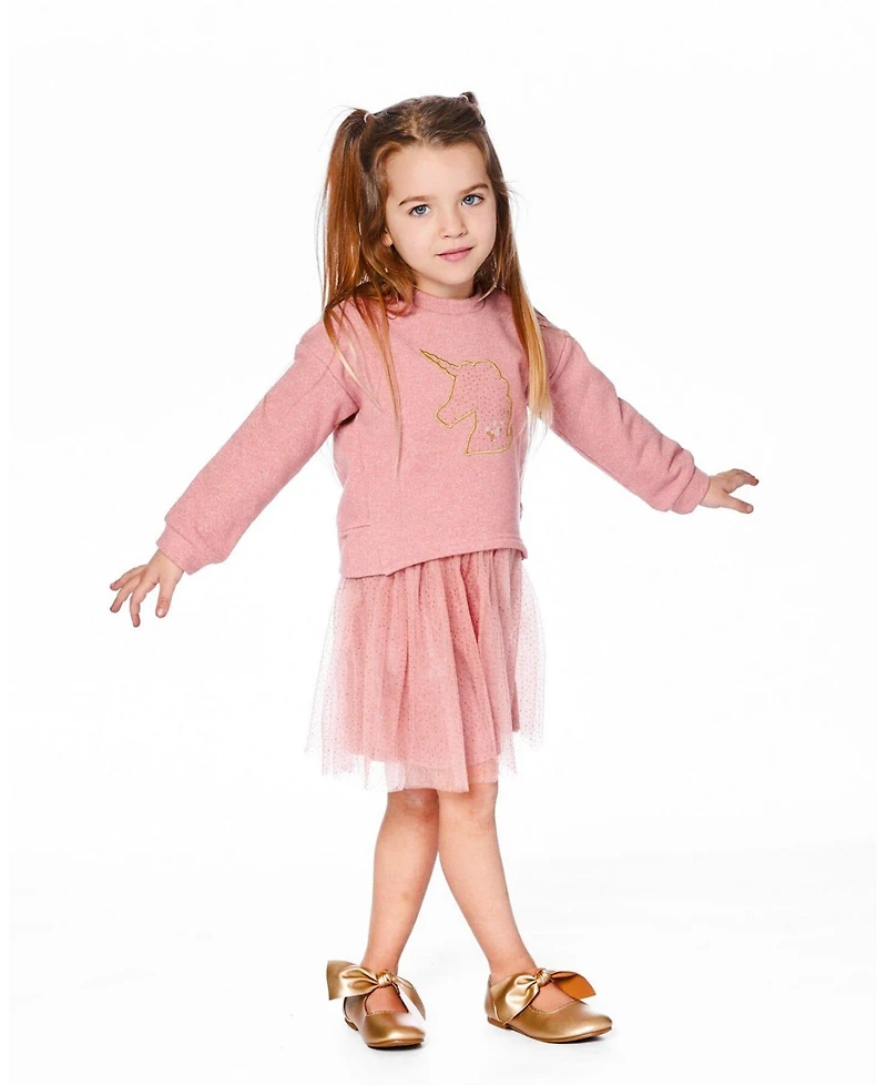 Deux par Girl Bi-Material Dress Dusty Pink with Mesh Skirt and Unicorn - Child
