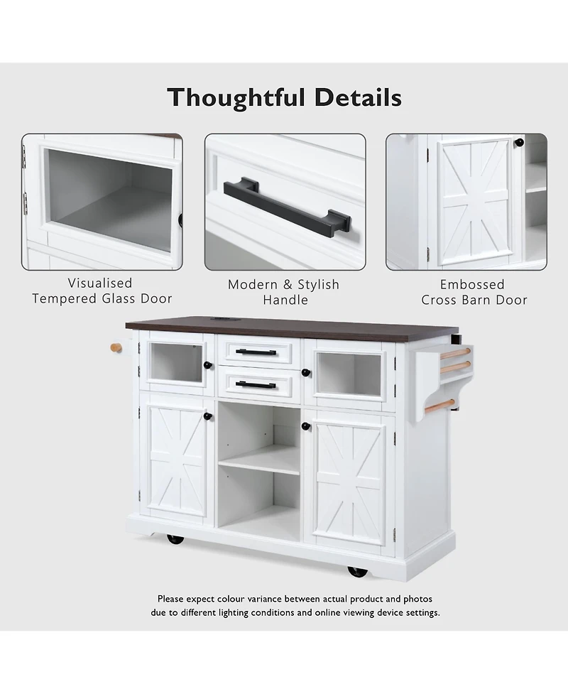 Casainc 54.9" Kitchen Island with Drop Leaf, Power Outlet, Storage Cart with Glass & Barn Doors, 4 Shelves&Wheels (No Stools)