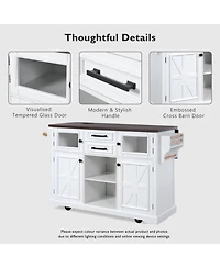 Casainc 54.9" Kitchen Island with Drop Leaf, Power Outlet, Storage Cart with Glass & Barn Doors, 4 Shelves&Wheels (No Stools)
