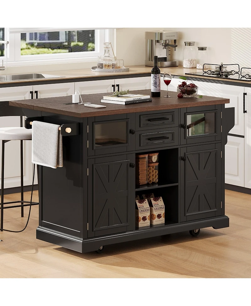 Casainc 54.9" Kitchen Island with Drop Leaf, Power Outlet, Storage Cart Glass & Barn Doors, 4 Shelves&Wheels (No Stools)
