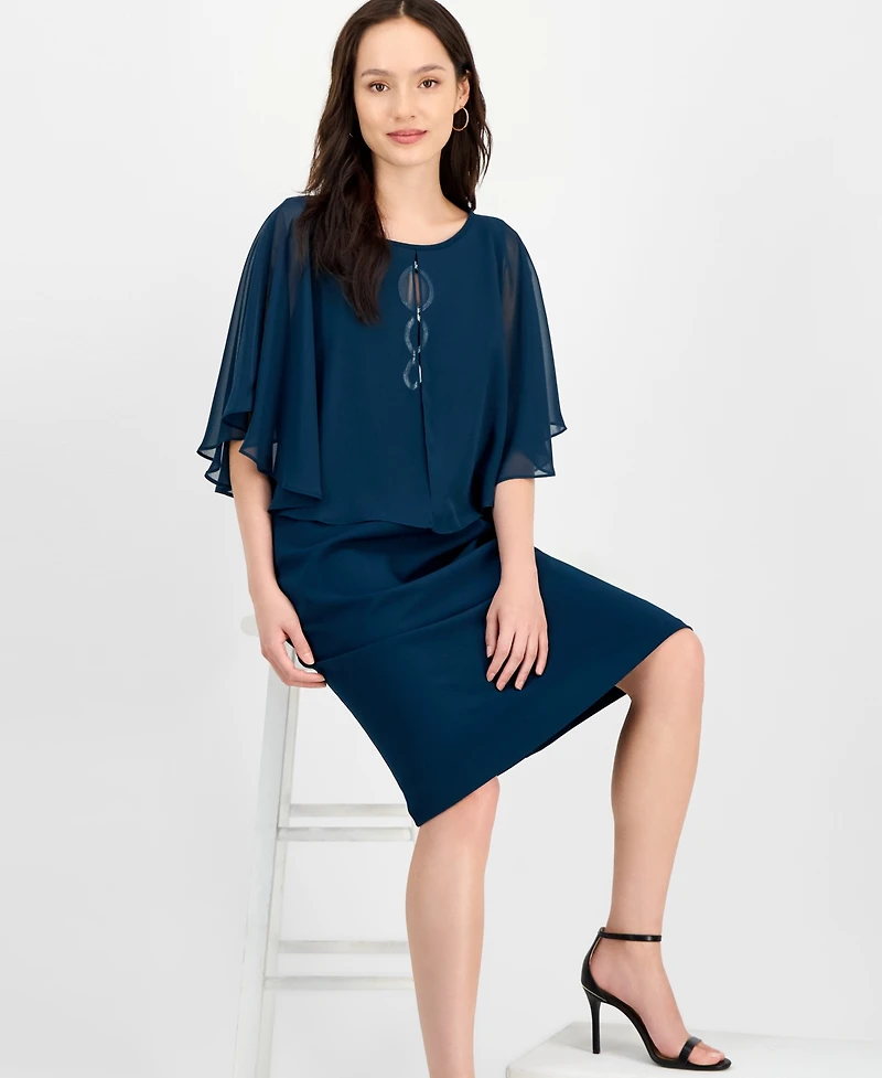 Connected Petite Cape Overlay Round Neck Dress