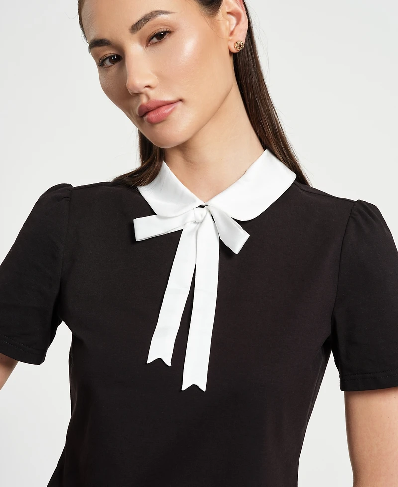 Isaac Mizrahi Women's Satin Bow Neck Peter Pan T-Shirt