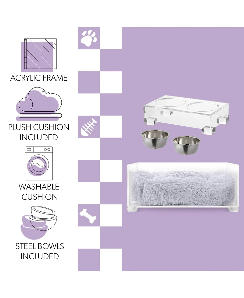 Billie 24" x 15.75" Small Modern Acrylic Calming Fluffy Pet Bed with Washable Cushion and 4" Elevated Pet Feeder with 27 oz 2-Stainless