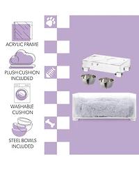 Billie 24" x 15.75" Small Modern Acrylic Calming Fluffy Pet Bed with Washable Cushion and 4" Elevated Pet Feeder with 27 oz 2-Stainless