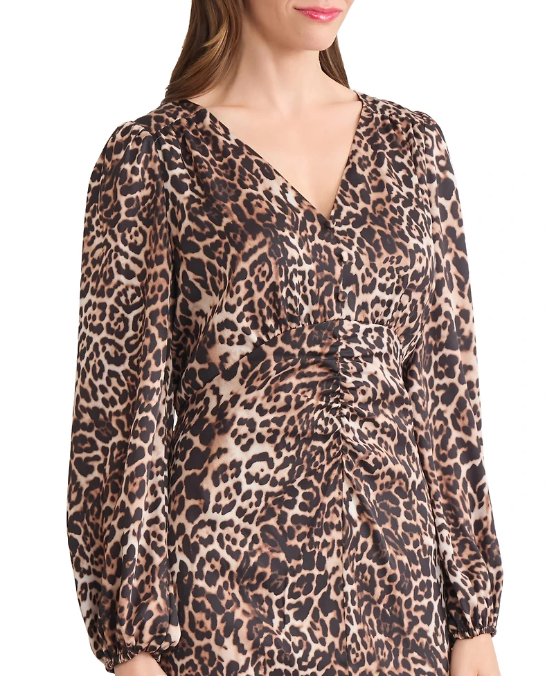 Jones New York Women's Long Sleeve Shirred Front Slit Midi Dress