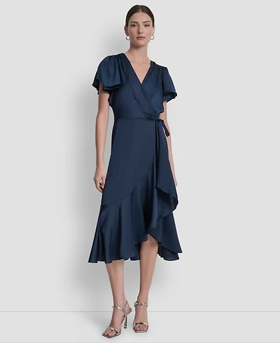 Dkny Women's Short Sleeve Faux Wrap Midi Dress