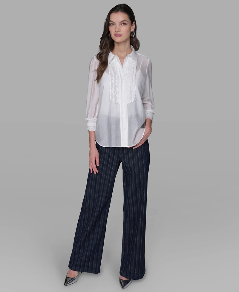 Karl Lagerfeld Paris Women's Ruffle Button Woven Collar Neck Top