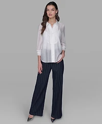 Karl Lagerfeld Paris Women's Ruffle Button Woven Collar Neck Top