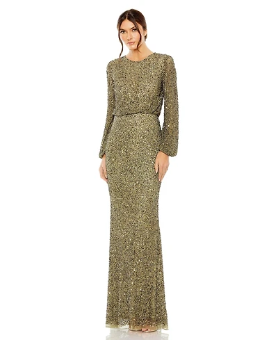 Mac Duggal Women's High Neck Long Sleeve Beaded Blouson Gown