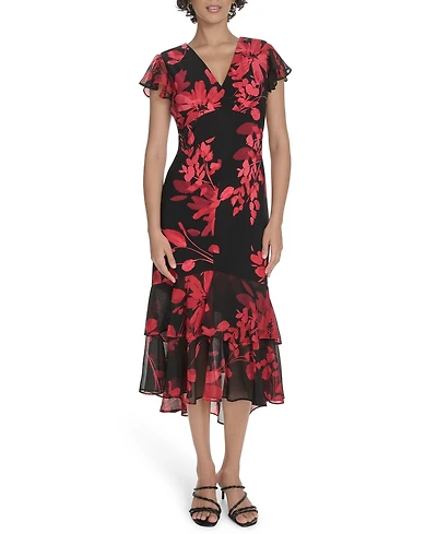 Tommy Hilfiger Women's Flutter Sleeve Chiffon Dress