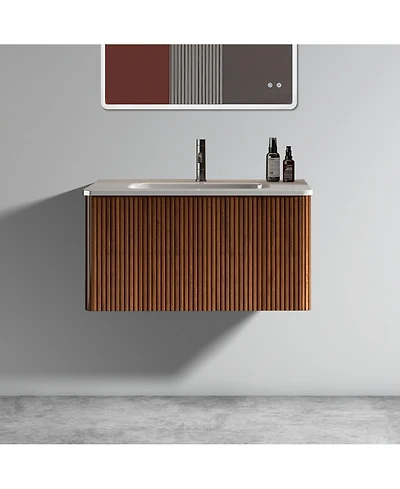 Casainc Etna 30" Floating Vanity With Ceramic Sink and Walnut Finish, Pre-Assembled Design