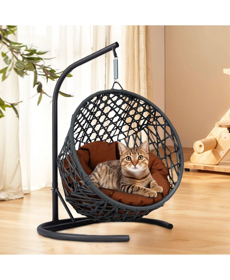 Cat Swing Bed with Stand & Cushion, Cat Egg Chair with Rattan Wicker Appearance, Indoor Hanging Swinging Cat Bed for Cats, Small Dogs