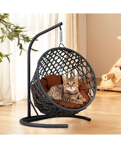 Cat Swing Bed with Stand & Cushion, Cat Egg Chair with Rattan Wicker Appearance, Indoor Hanging Swinging Cat Bed for Cats, Small Dogs