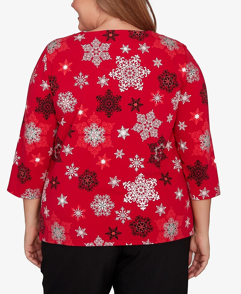 Alfred Dunner Plus Classic Embellished Snowflake Pleated Neck Top