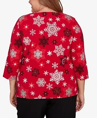 Alfred Dunner Plus Classic Embellished Snowflake Pleated Neck Top