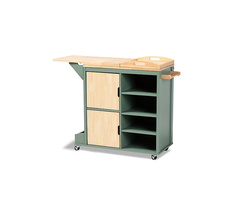 Baxton Studio Dorthy Coastal and Farmhouse Two-tone Dark Green and Natural Wood Kitchen Storage Cart