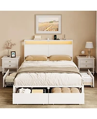 Hausource Full Bed Frame with 4 Drawers, Led Headboard & Charging Station, White Metal