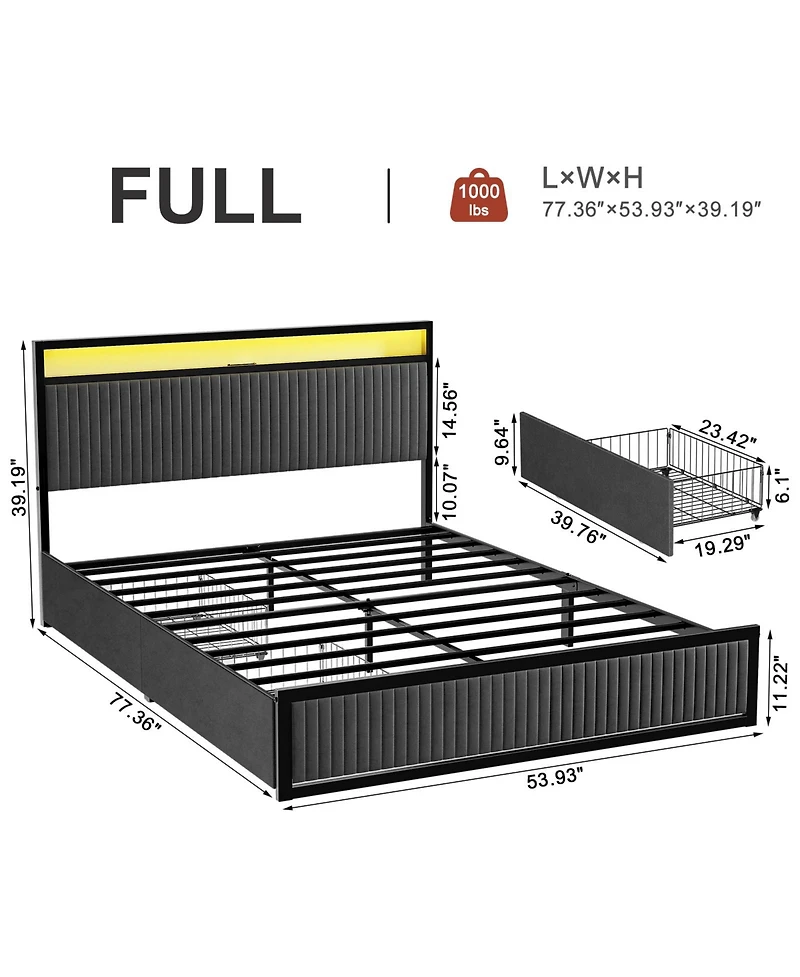Hausource Upholstered Full Bed Frame with 2 Storage Drawers, Led Headboard, Usb Ports, Dark Gray