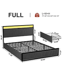 Hausource Upholstered Full Bed Frame with 2 Storage Drawers, Led Headboard, Usb Ports, Dark Gray