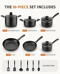 16-Piece Kitchen Hard-Anodized Aluminum Nonstick Cookware Set with Silicone Kitchen Utensils