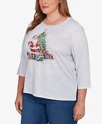 Alfred Dunner Plus Classic Santa and Tree Print Crew Neck Top