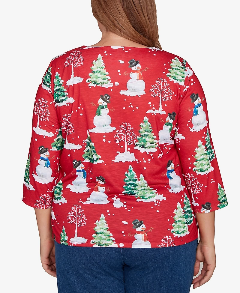 Alfred Dunner Plus Classic Snowmen Printed Crew Neck Top
