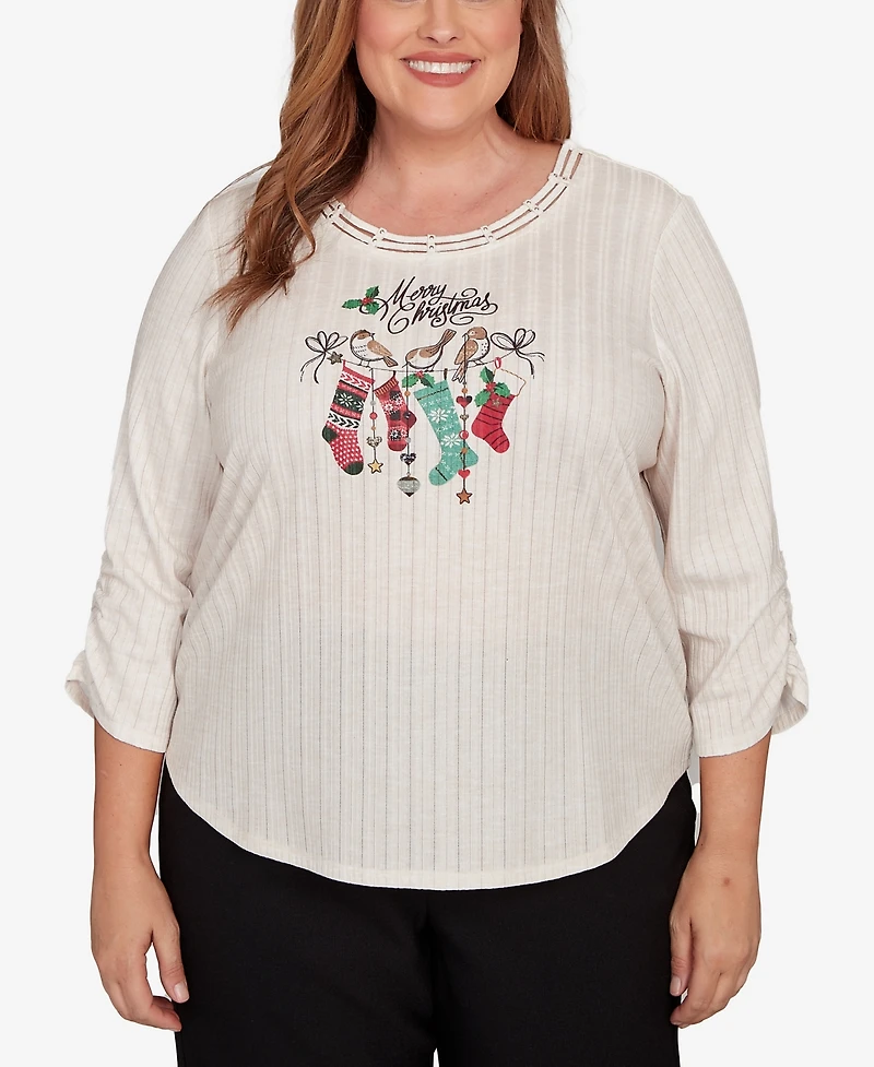Alfred Dunner Plus Classic Holiday Stockings Gathered Sleeve Top