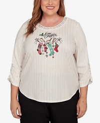Alfred Dunner Plus Classic Holiday Stockings Gathered Sleeve Top