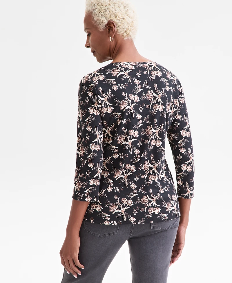 Style & Co Petite Printed 3/4-Sleeve Henley Top, Macy's Exclusive