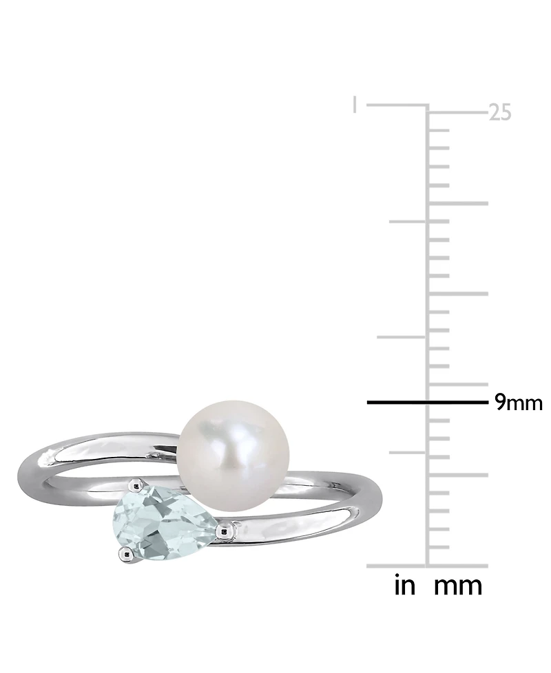 Cultured Freshwater Pearl (6mm) & Aquamarine (3/8 ct. t.w.) Bypass Ring Sterling Silver