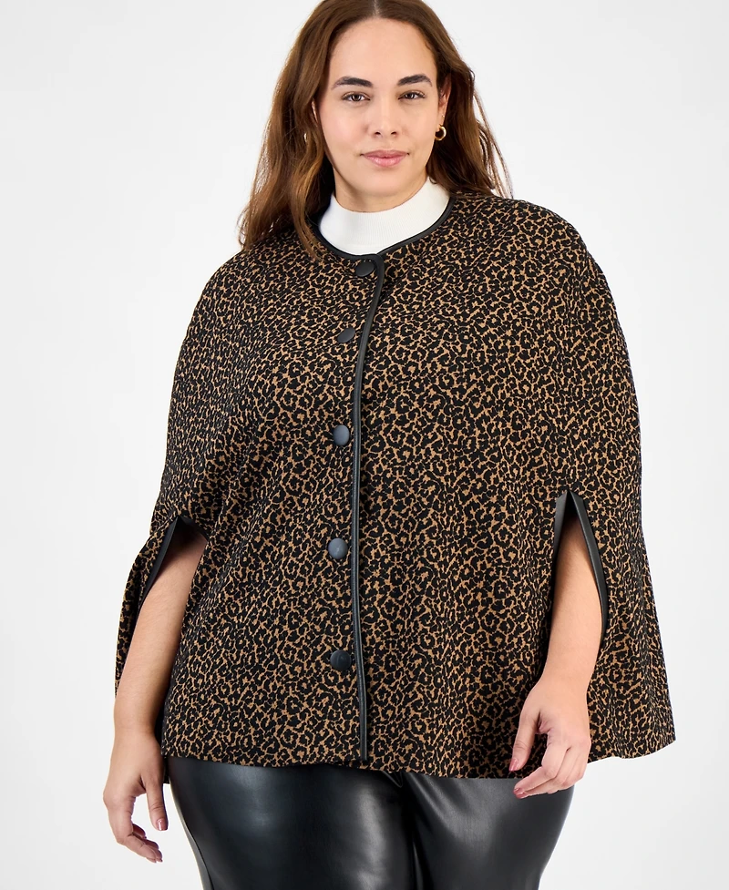 Kasper Plus Knit Jacquard Snap-Front Cape Jacket