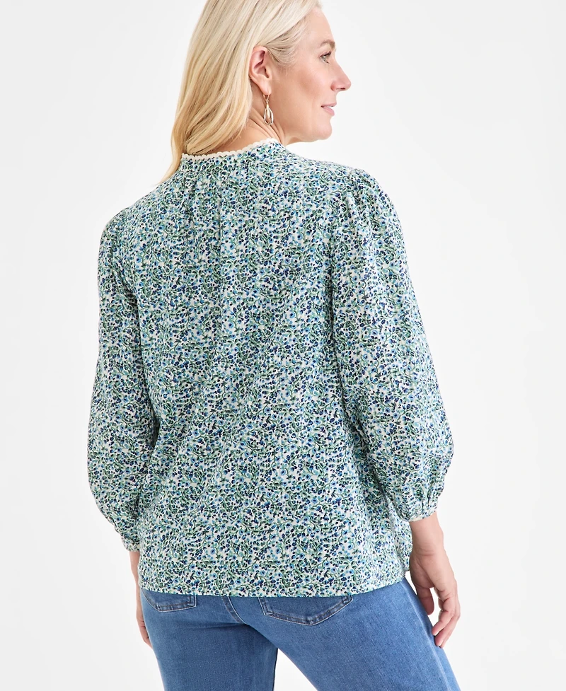 Style & Co Women's Printed Cotton Lace-Trim Blouse, Macy's Exclusive
