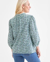 Style & Co Women's Printed Cotton Lace-Trim Blouse, Macy's Exclusive