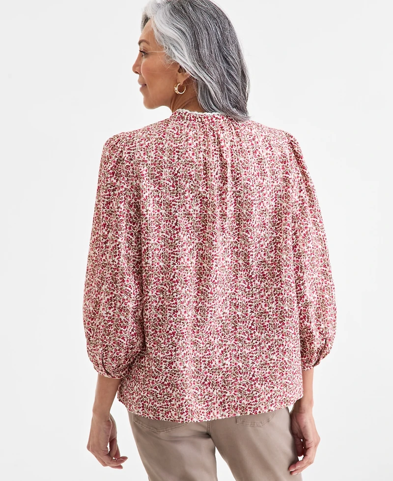 Style & Co Women's Printed Cotton Lace-Trim Blouse, Macy's Exclusive