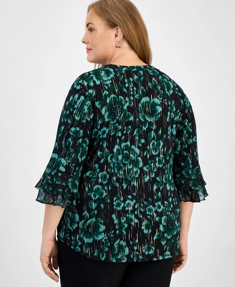 Kasper Plus Printed V-Neck Flutter-Sleeve Top