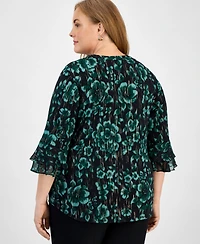 Kasper Plus Printed V-Neck Flutter-Sleeve Top