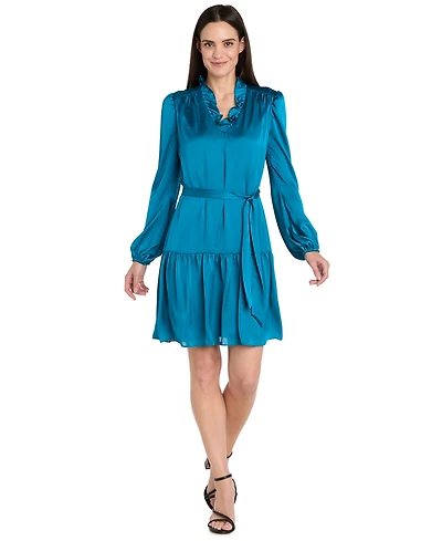 R & M Richards Women's V-Neck Charmeuse Ruffled Waist-Tie Dress
