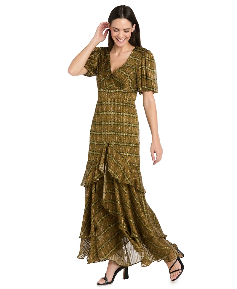 R & M Richards Women's Satin Metallic Stripe Puff-Sleeve Dress