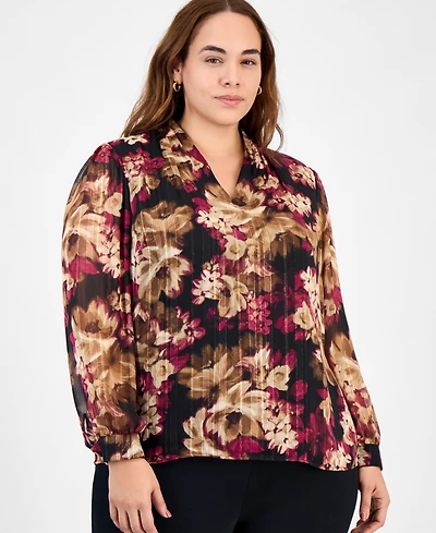 Kasper Plus Printed Metallic Stripe Long-Sleeve Blouse