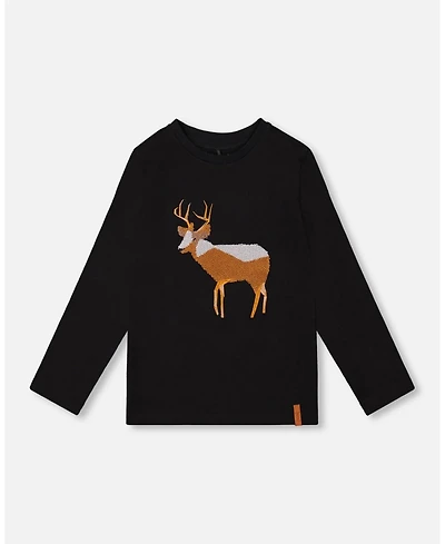 Deux par Toddler Boys Cotton T-Shirt Black with Boucle Deer Applique - Toddler|Child