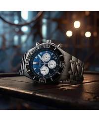 Stuhrling 1022 Men s Chronograph Watch Quartz Movement Blue Dial Silver Subdials Black Bezel Stainless Steel Bracelet 50M Water Resistant Date Window