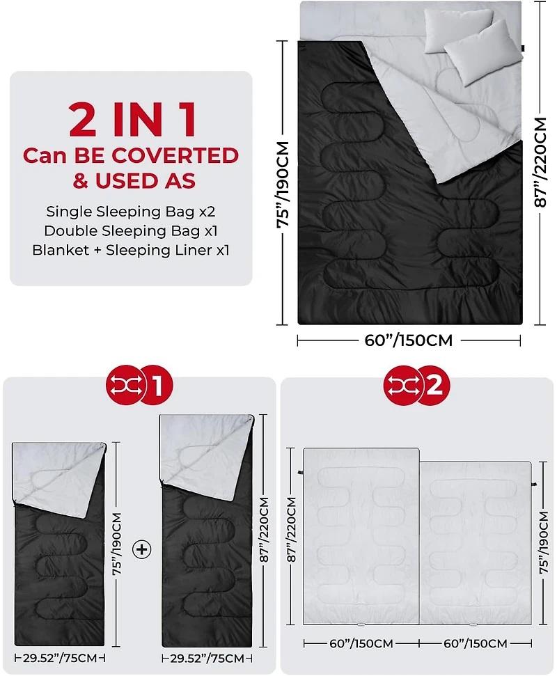 Double Sleeping Bag for Adults with 2 Pillows, Queen Size Two Person Sleeping Bag for Camping